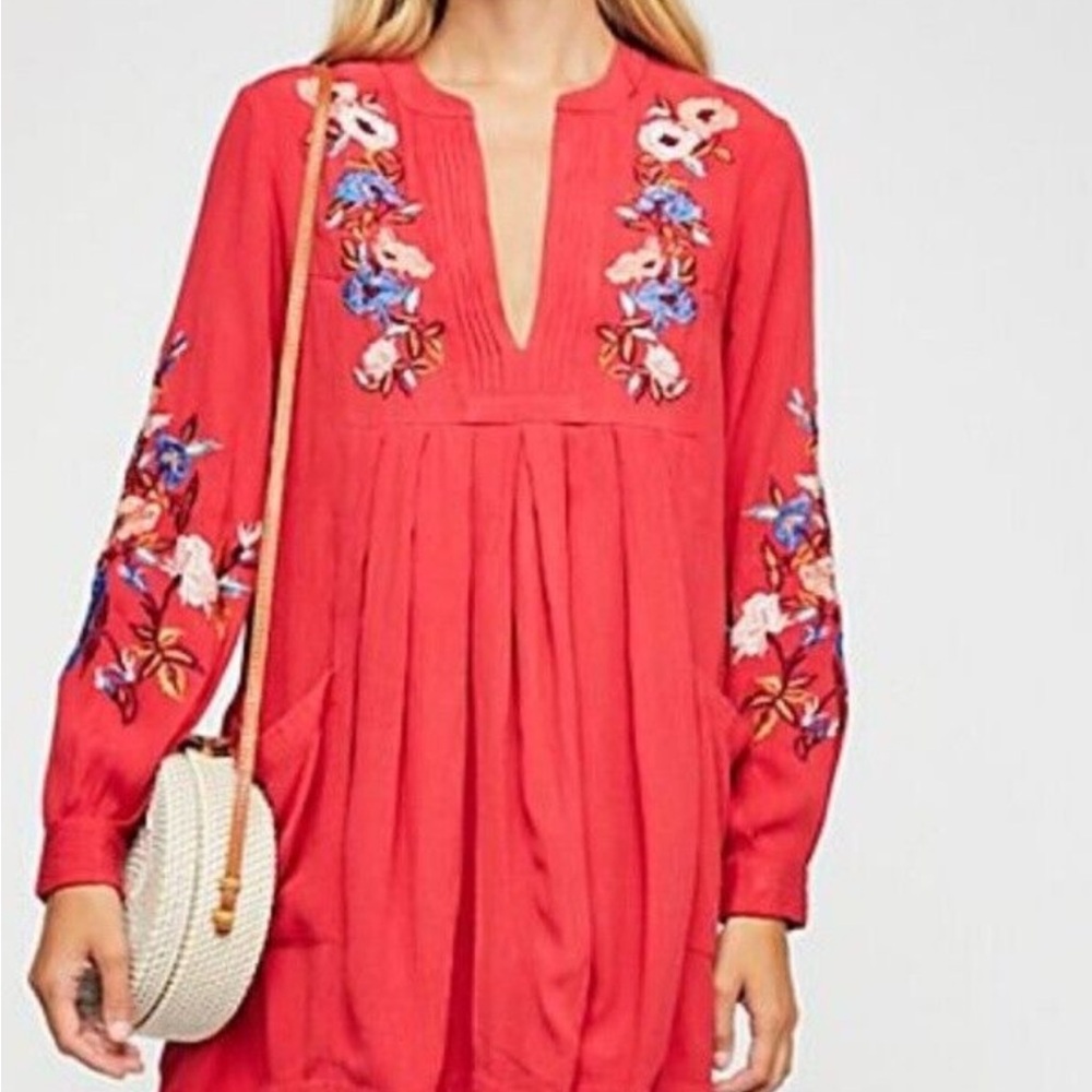Free People Red Floral Embroidered Midi Dress